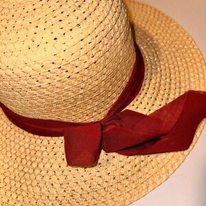 Vintage Tan Straw Hat with burgundy Ribbon